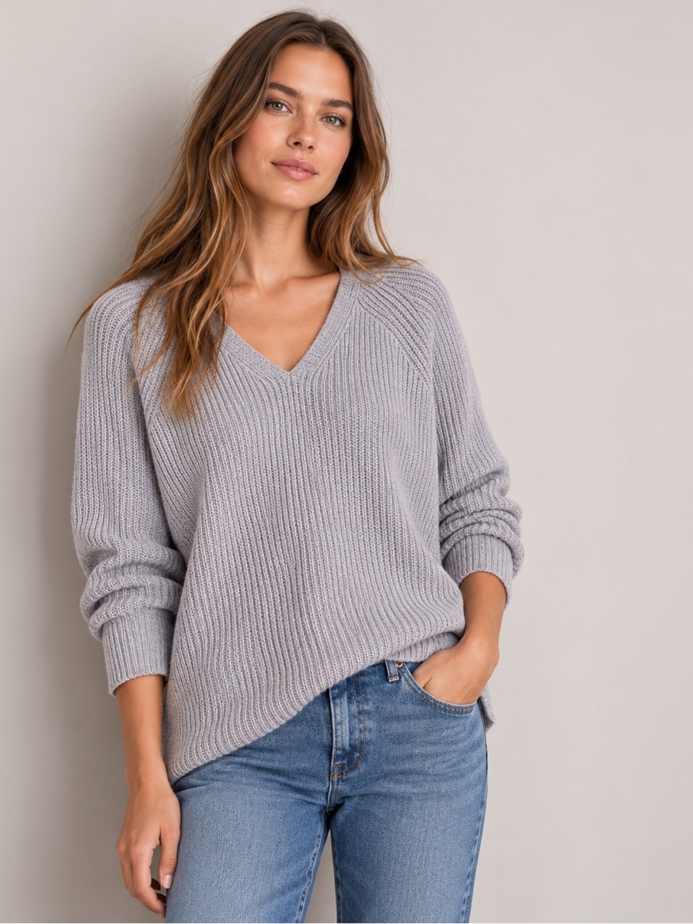 Lou & Grey Cotton & Wool Blend Ribbed V-Neck Sweater